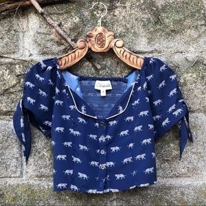 FreePeople Satin Tigers Print Pan Collar Sailor Crop Blouse Blue Small